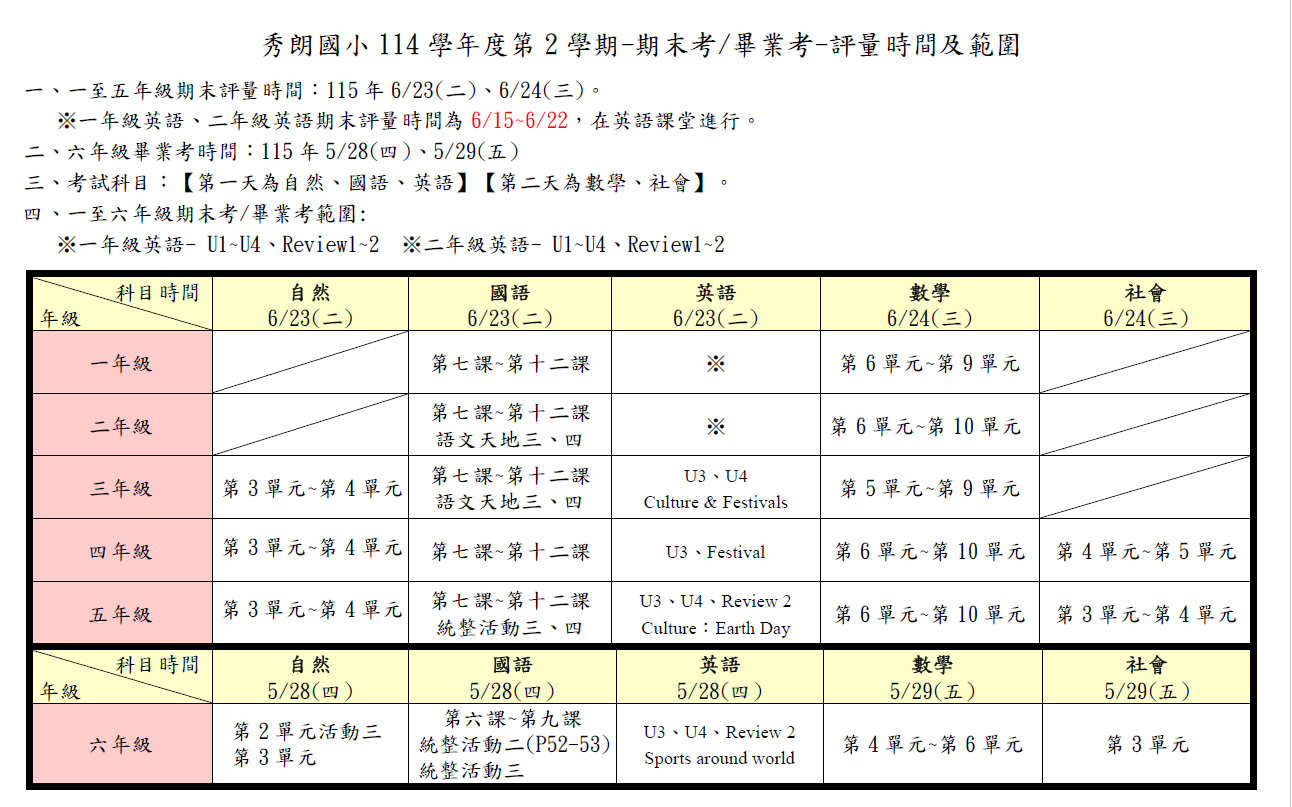 秀朗國小114-2【期末評量】評量範圍